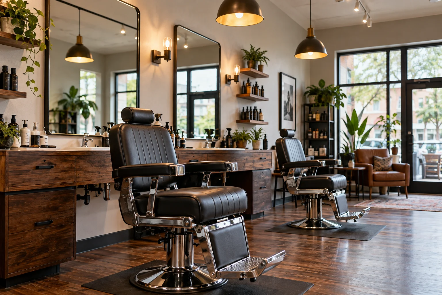 Salón con sillas de barbería y espejos