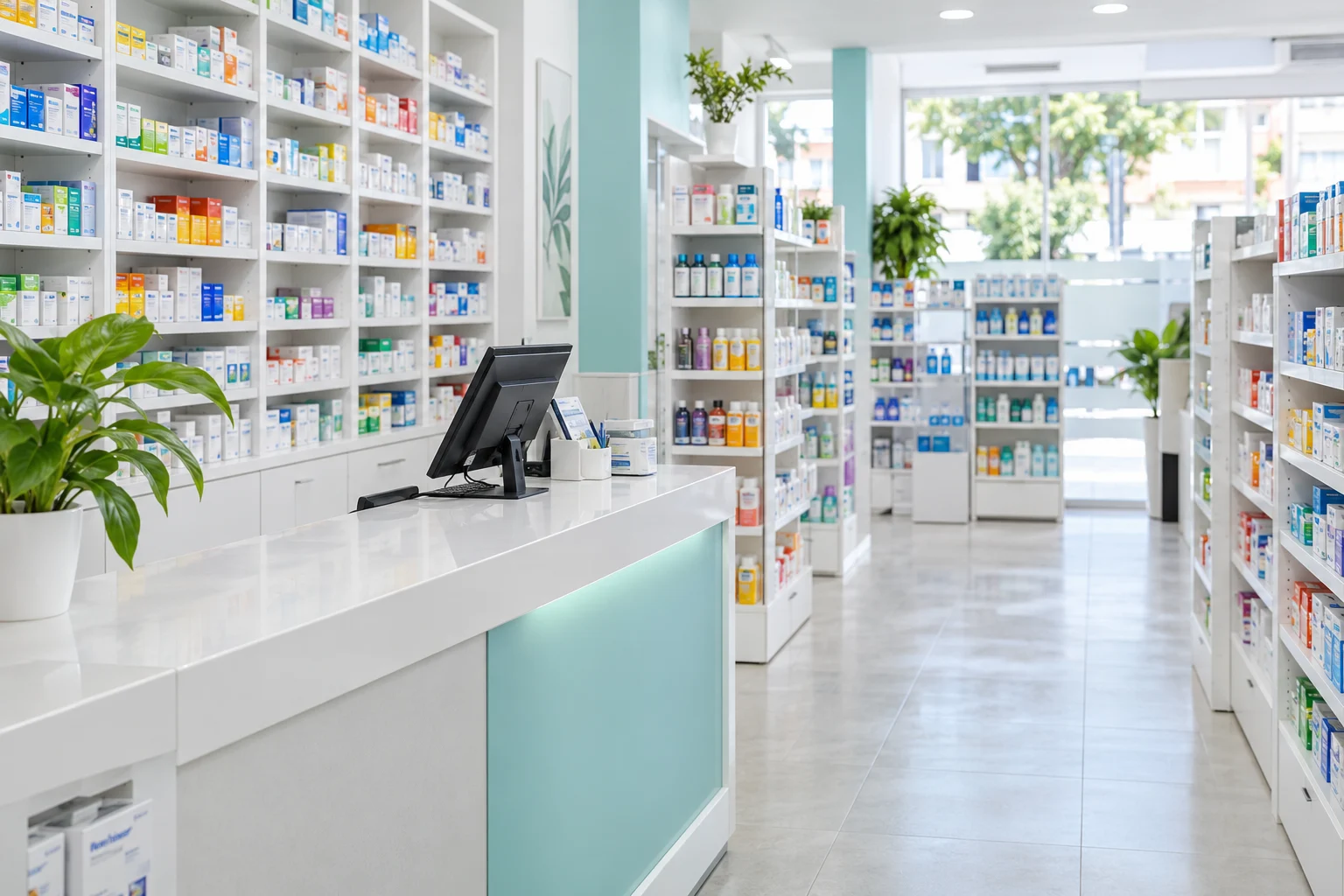 Farmacia con estanterías blancas y productos organizados