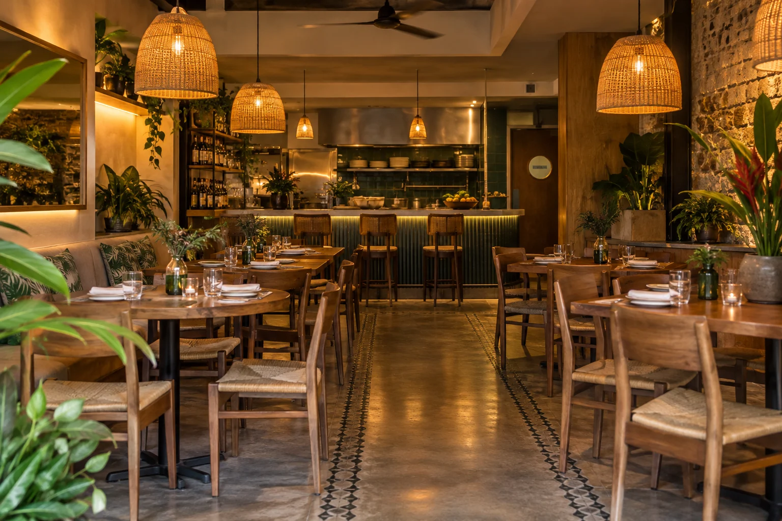 Restaurante con mesas de madera e iluminación cálida