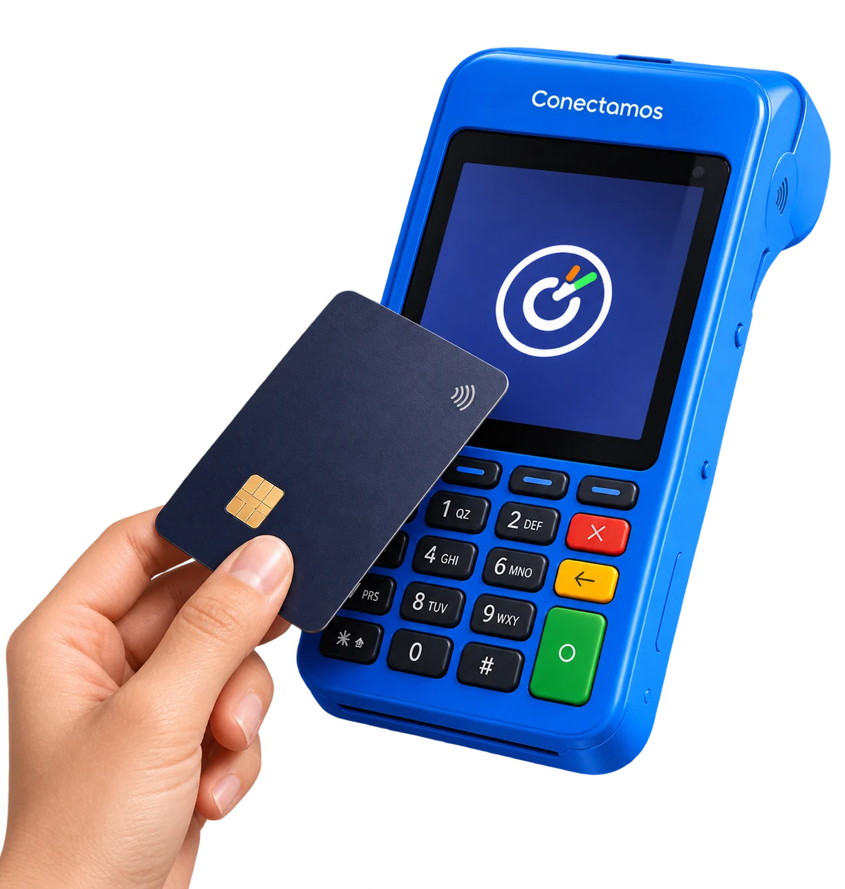 Terminal de pago azul Conectamos y una mano acercando una tarjeta